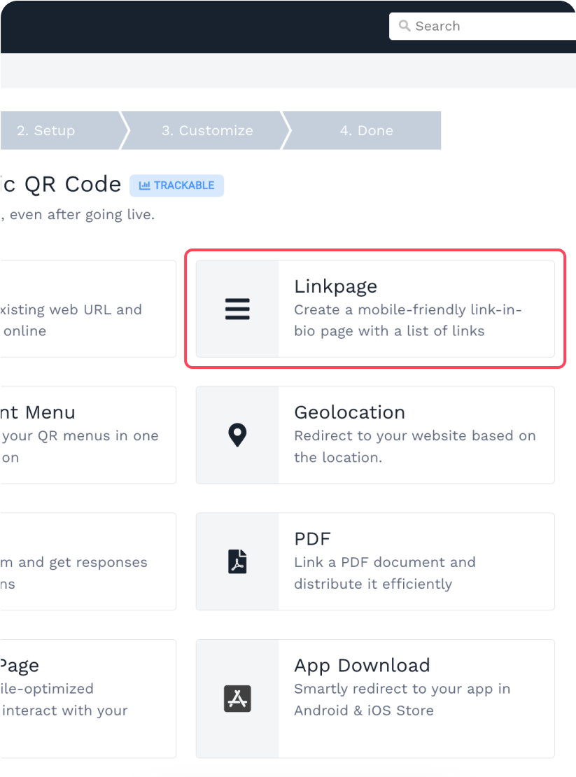 Go to QR Code from the dashboard menu and choose “Linkpages” from the list.