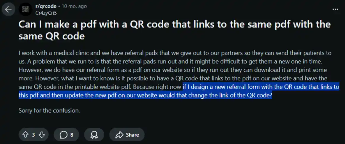 Reddit post asking about pdf QR Codes