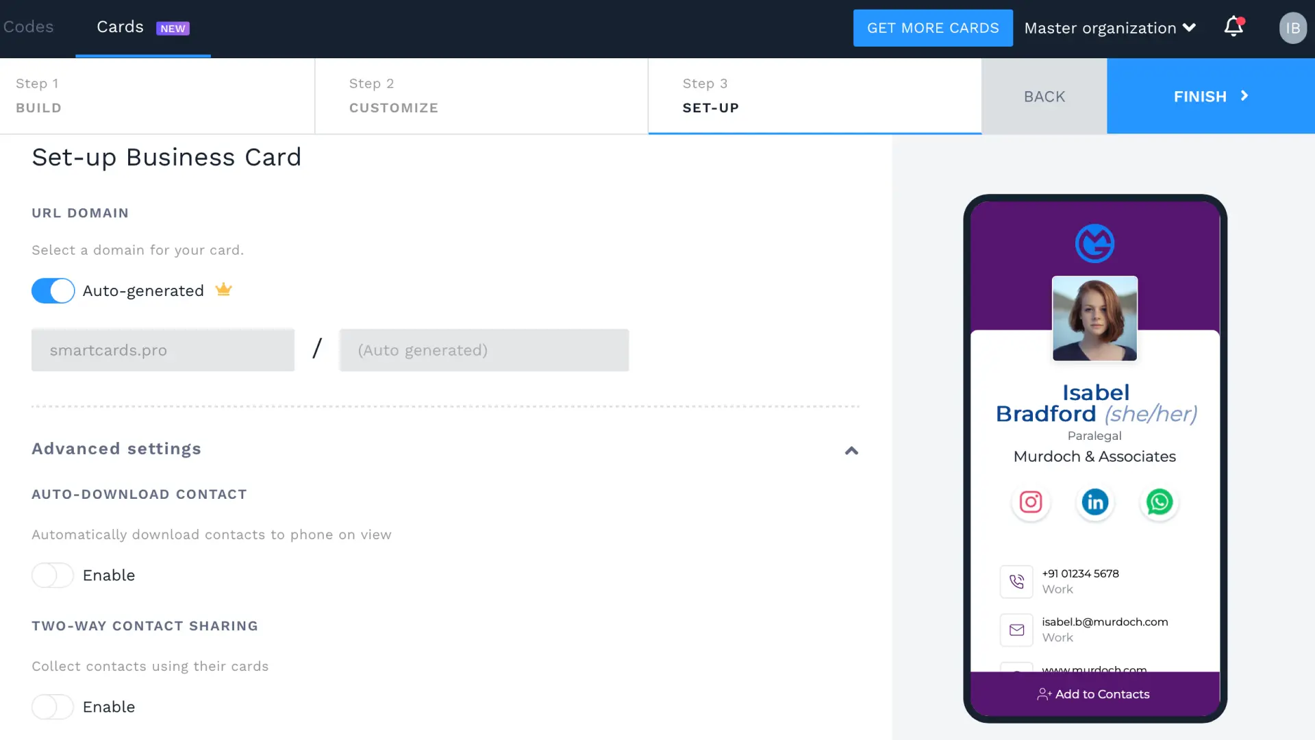 set up networking features for digital contact card