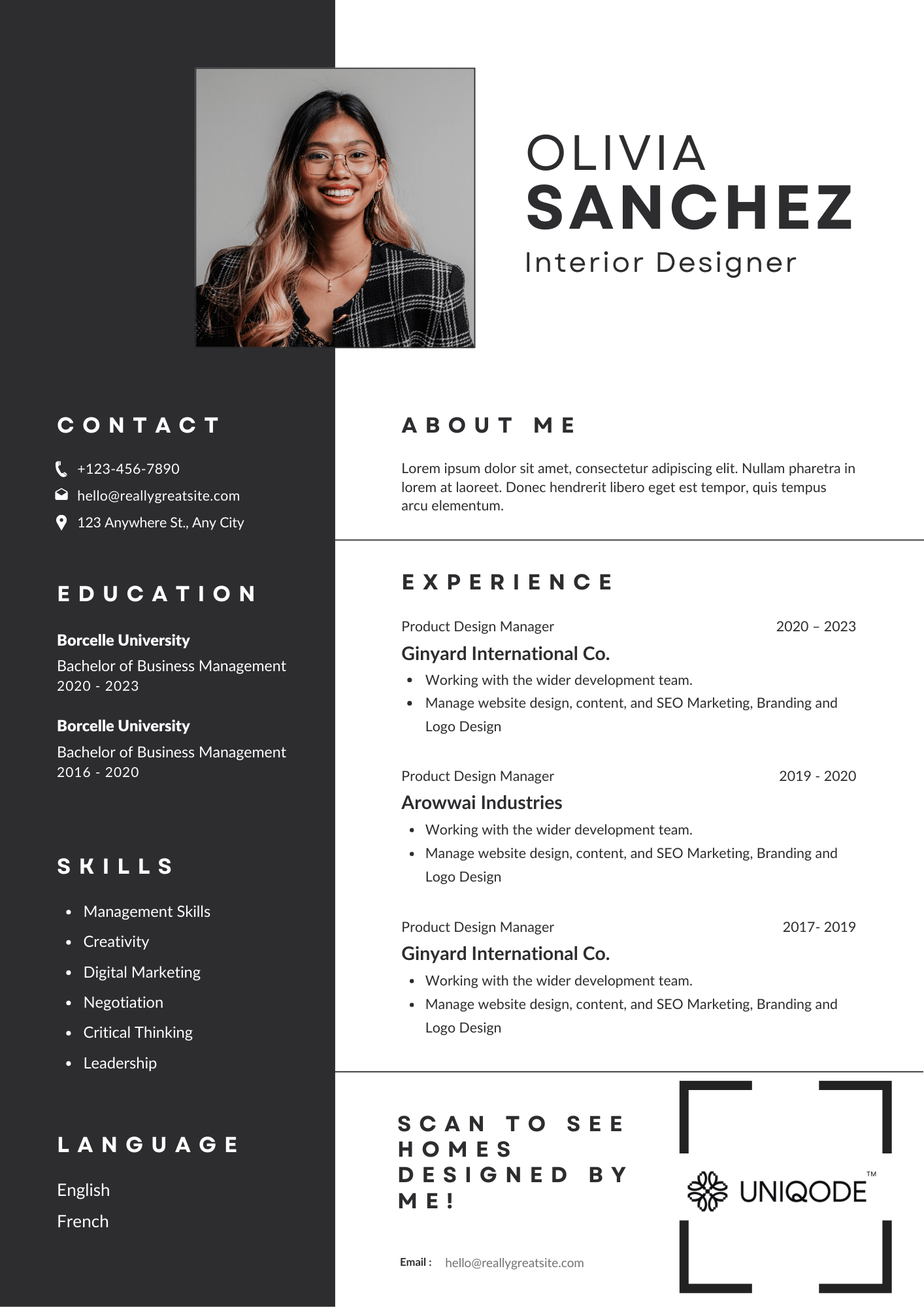 Modern and minimalist QR Code resume